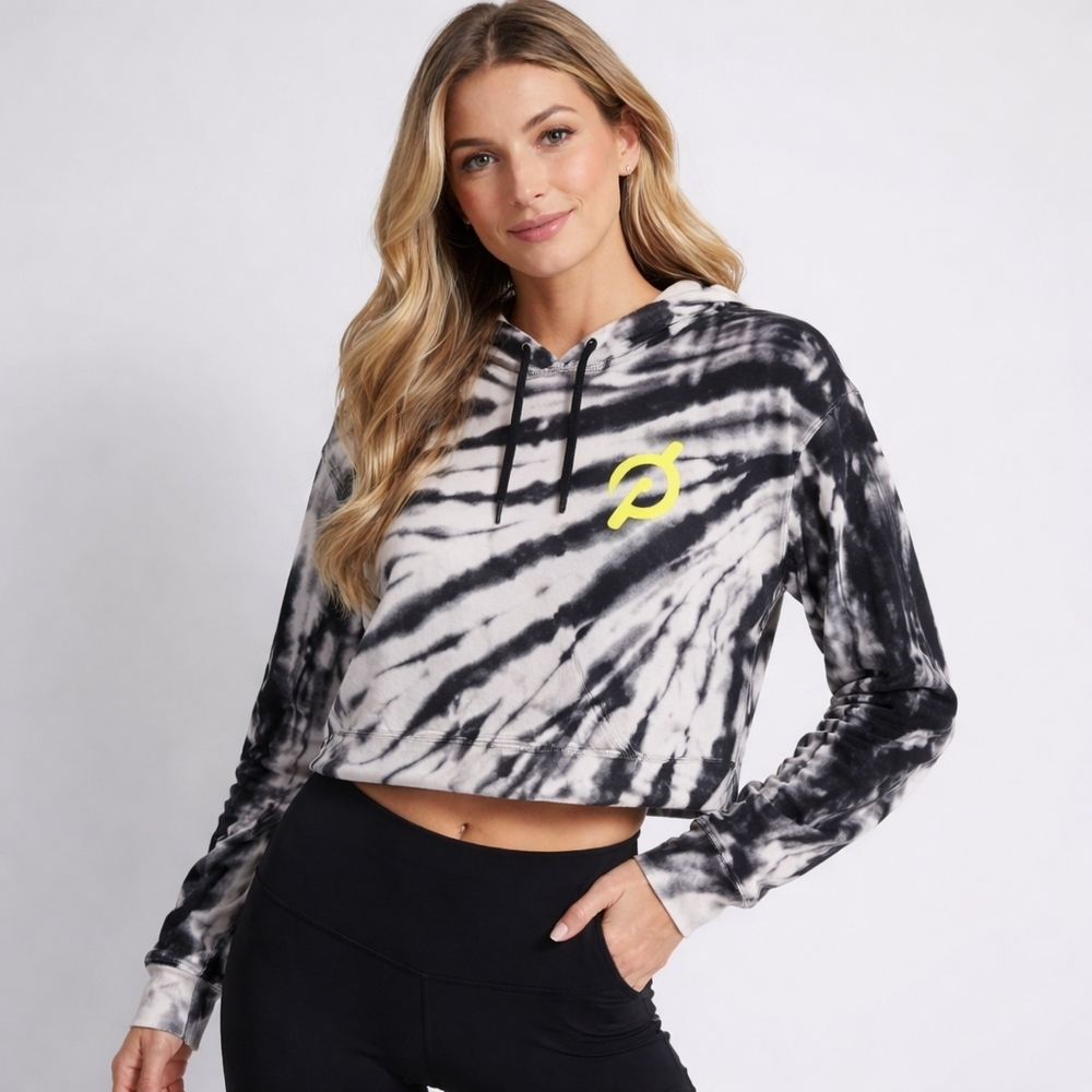 Peloton Black White Tie-Dye Cropped Hoodie with Neon Yellow Logo